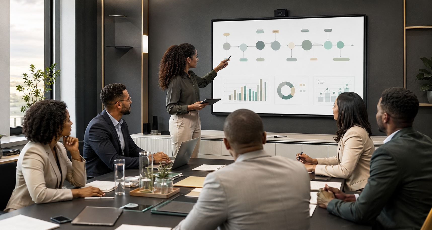 A diverse professional team collaborating in a strategy workshop